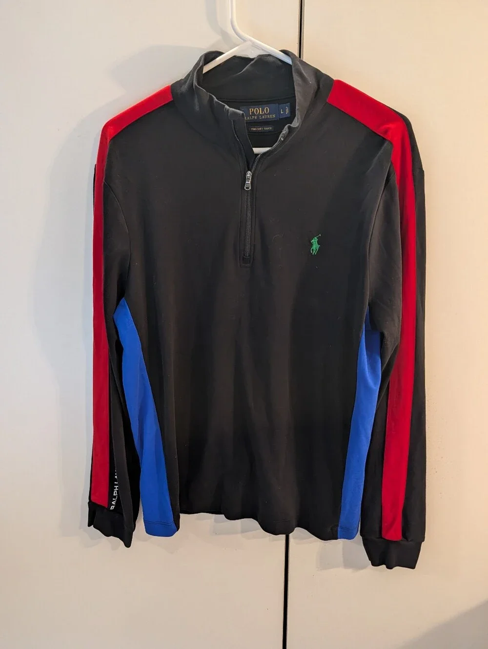 Polo Ralph Lauren Black Quarter-Zip Pullover with Red & Blue Panels Mens Large